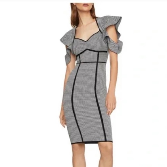 BCBGMaxAzaria Structured Houndstooth Jacquard Sheath Dress Flutter Sleeve Size L - Picture 1 of 11